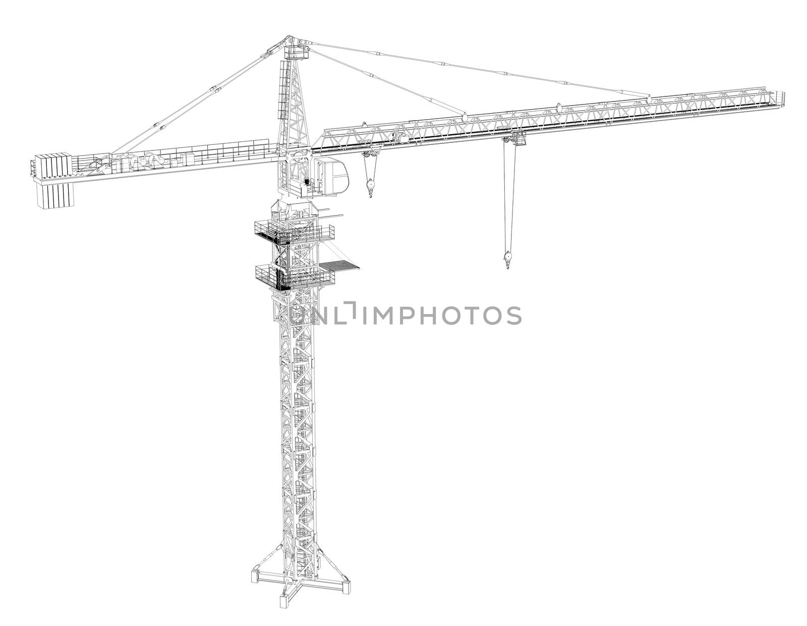 Wire frame tower crane. 3d rendering on white background