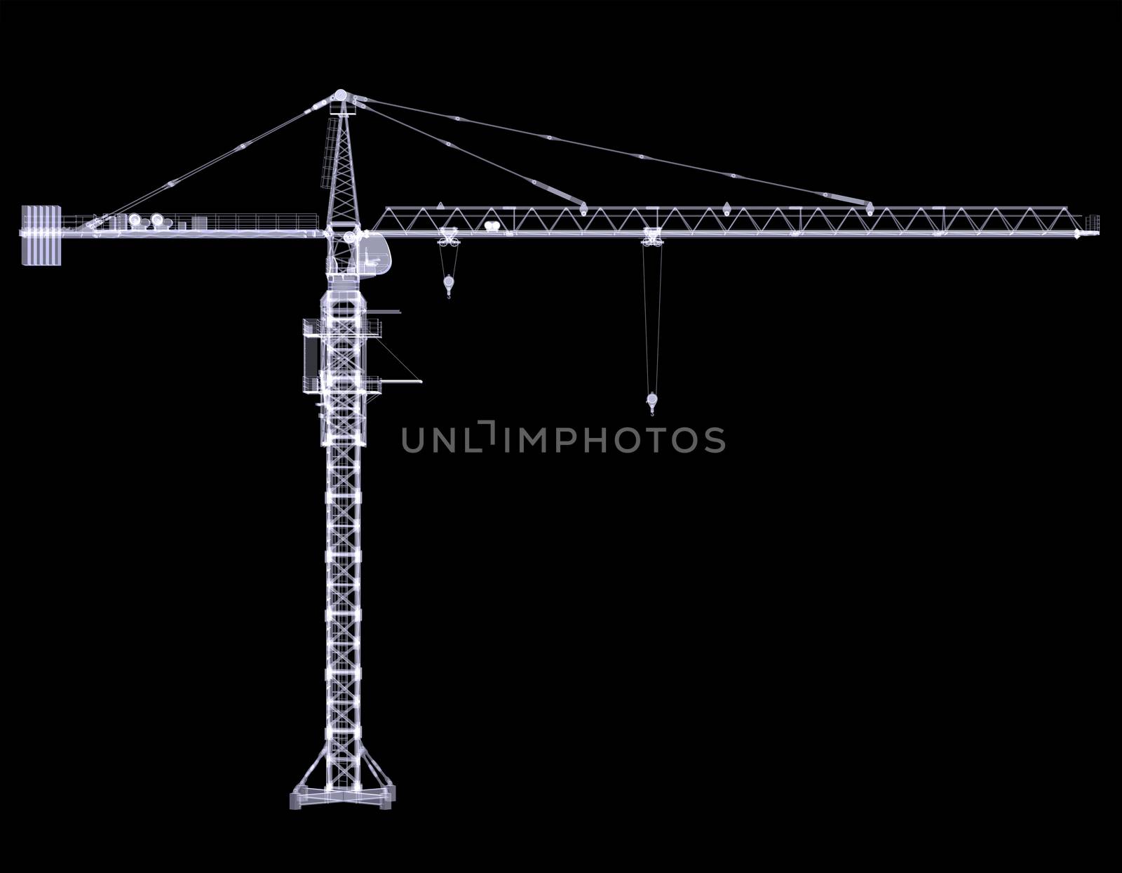 X-ray tower crane. 3d rendering on black background