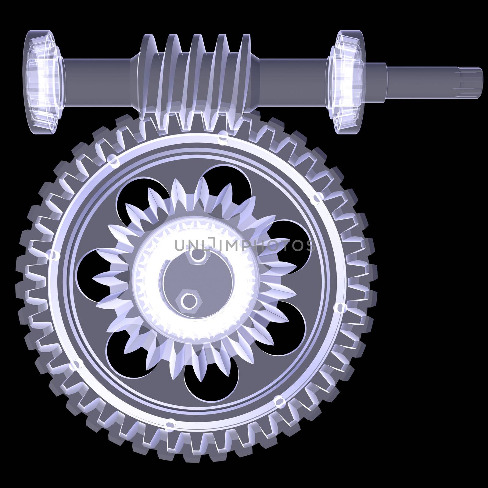 White shafts, gears and bearings. X-ray render isolated on black background