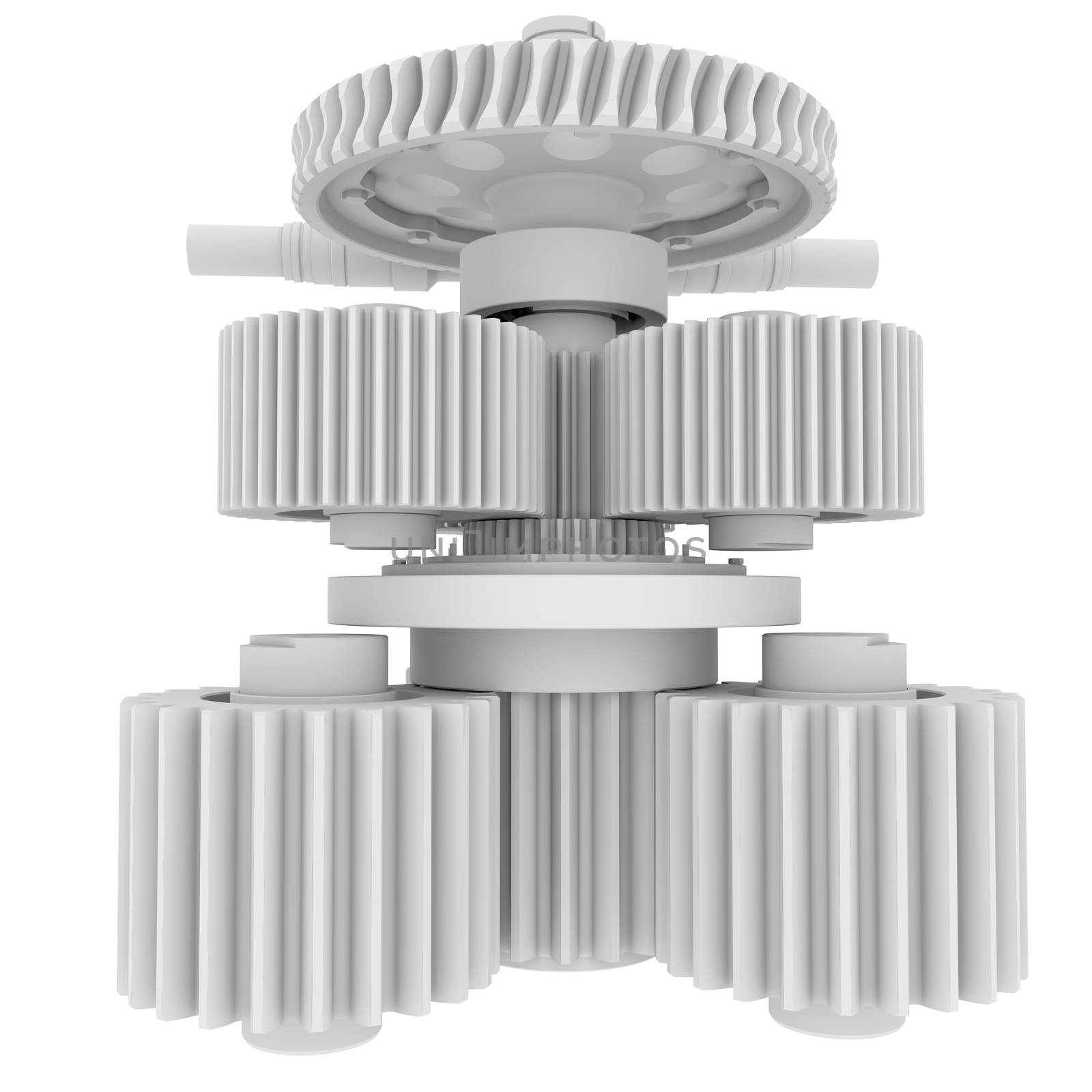 White shafts, gears and bearings. 3d render isolated on white background