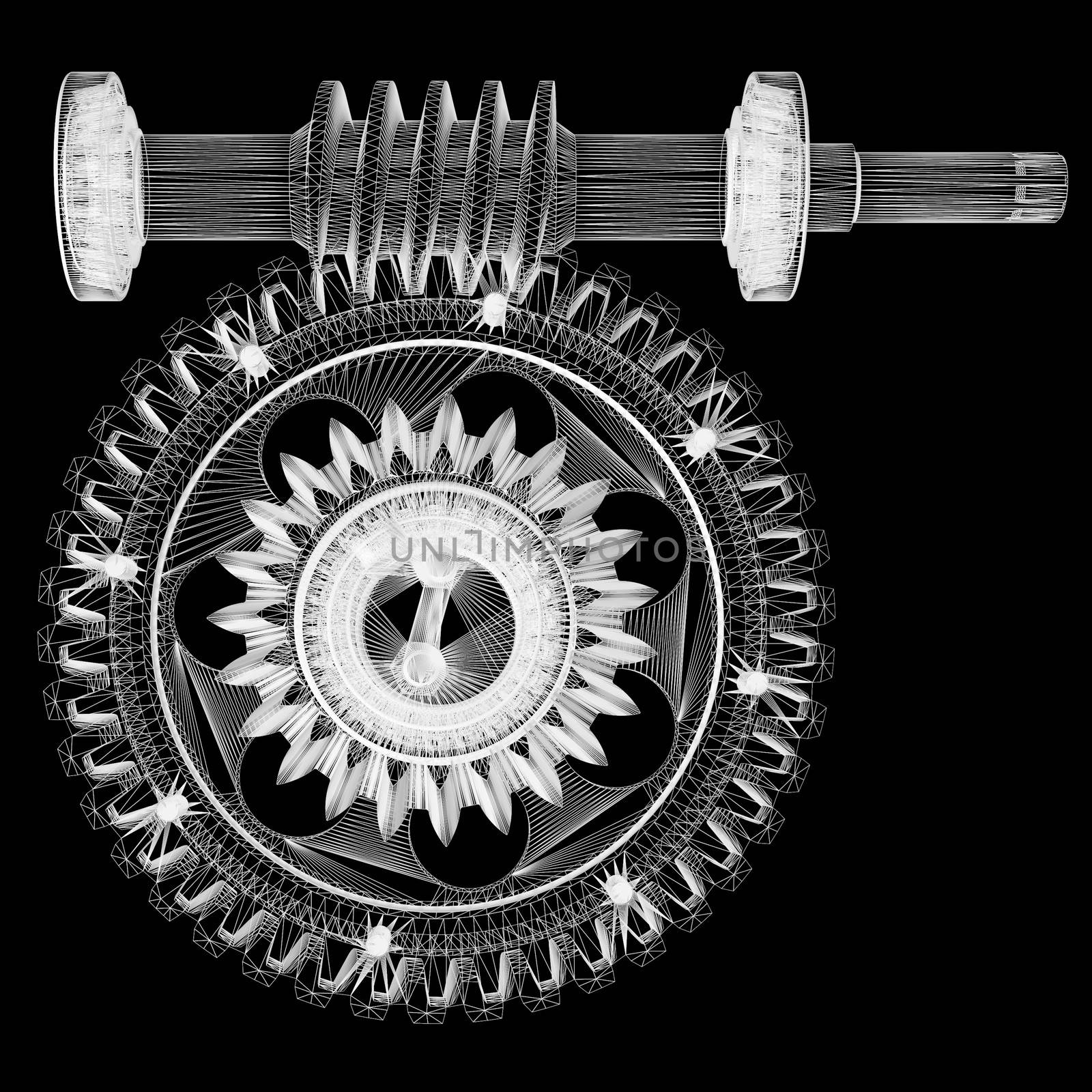 Wire frame gears. 3d rendering on black background