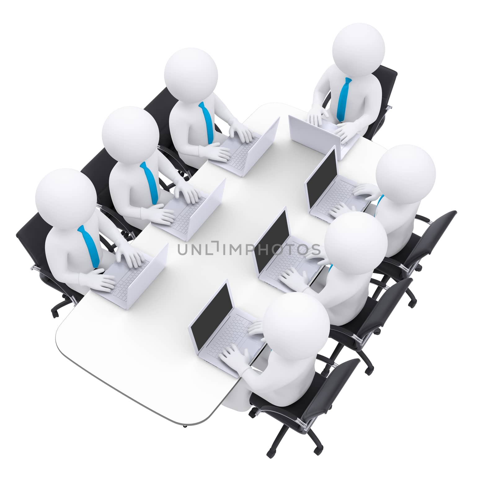 Businessman with a laptop sitting at the table. Isolated render on a white background