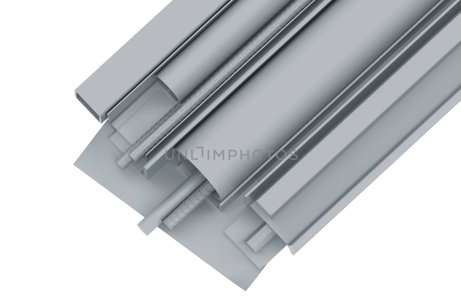 Rolled metal pipes, angles, channels, fixtures and sheet. 3d render