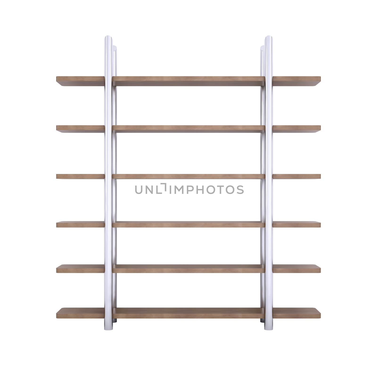 Wooden shelves with metal stands. 3d rendering on white background
