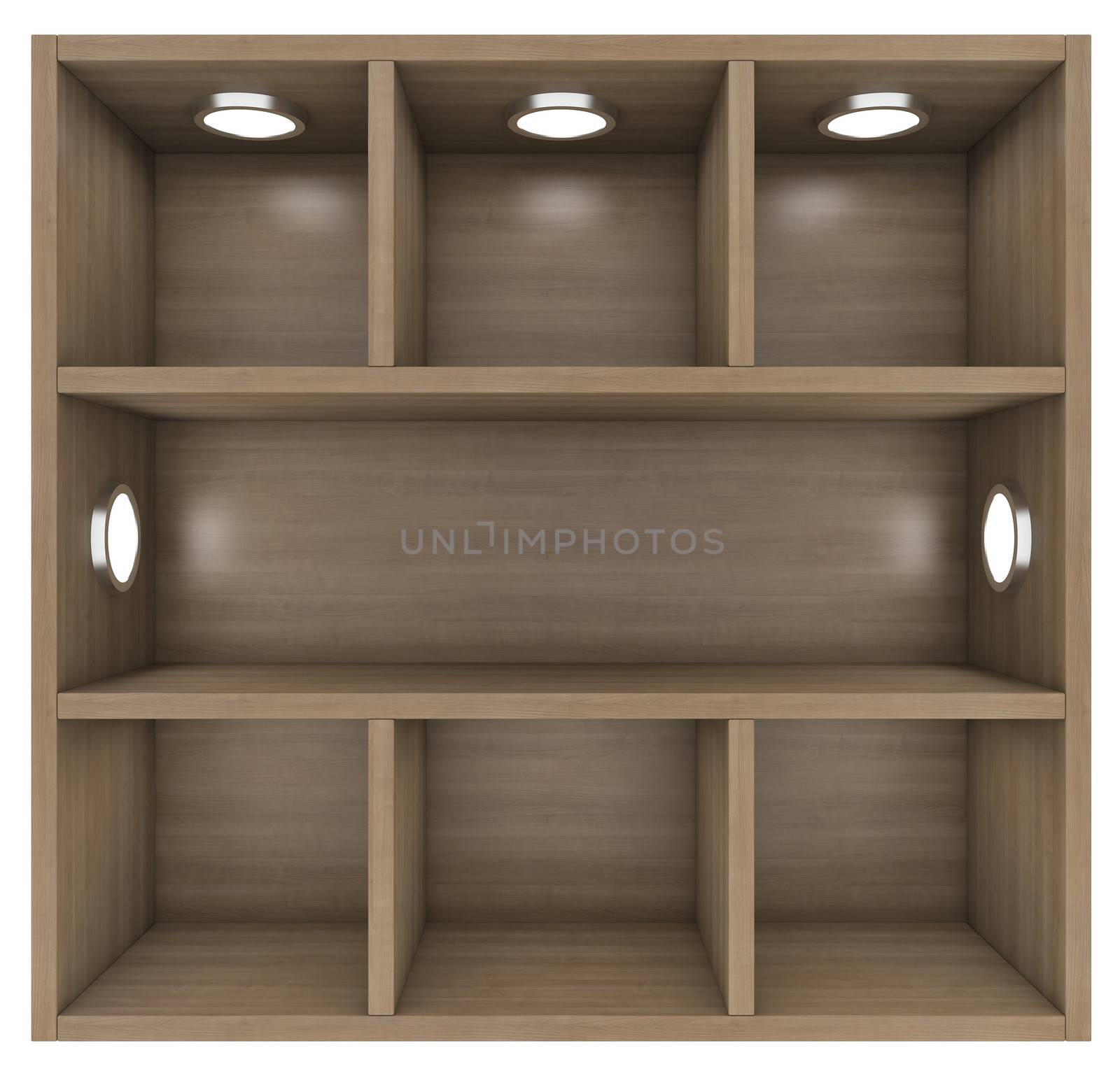 Wooden shelves with built-in lights. Isolated render on a white background