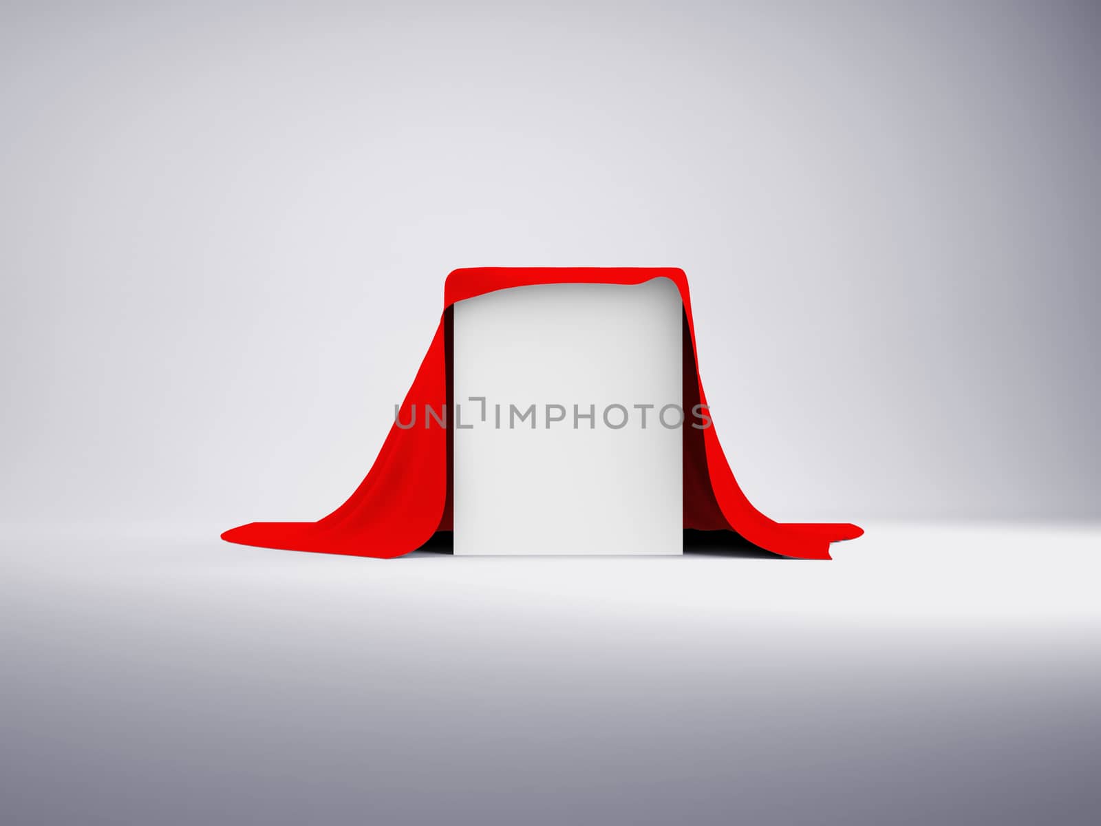 White box covered with red cloth. Render on a gray background
