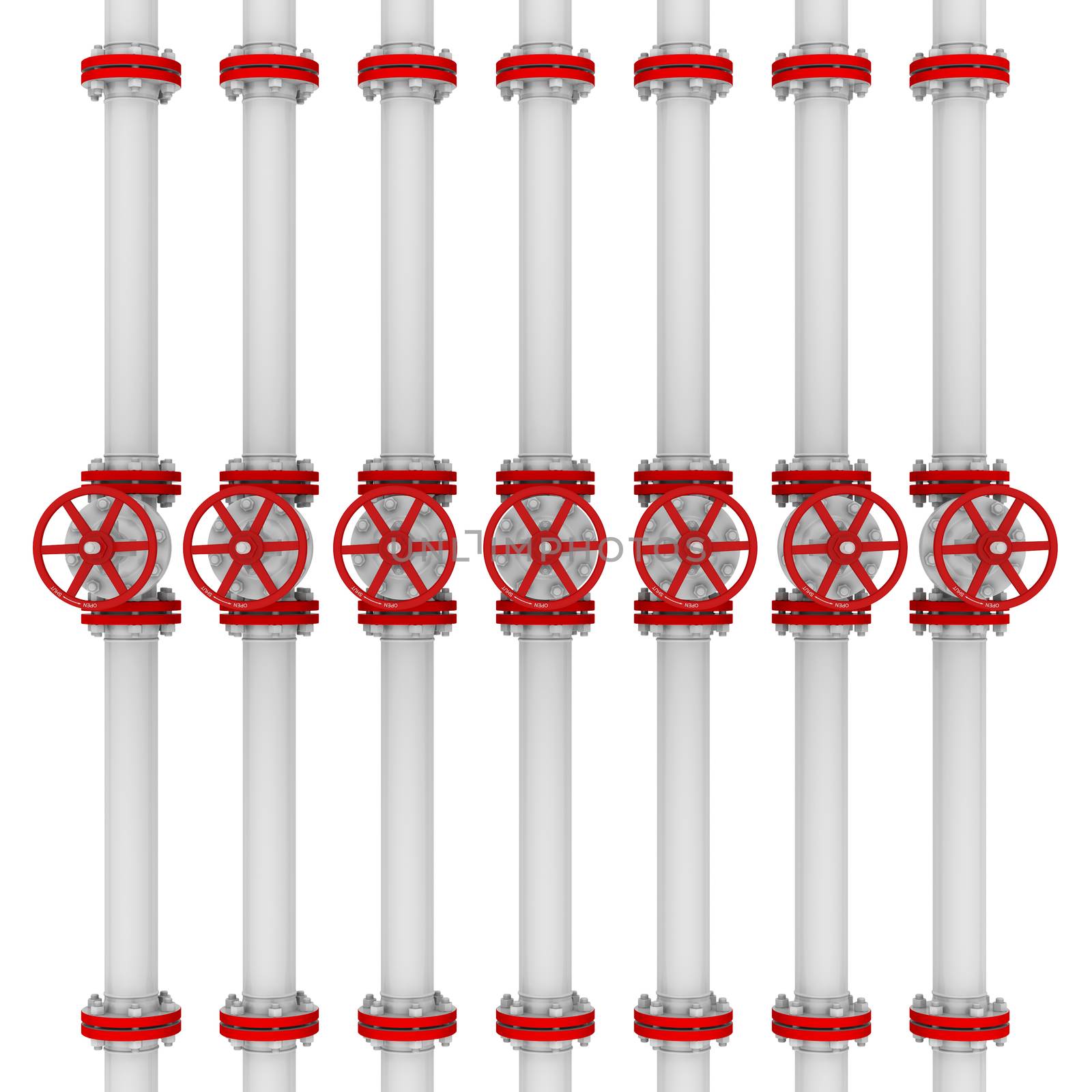 White pipes and valves. Isolated render on a white background