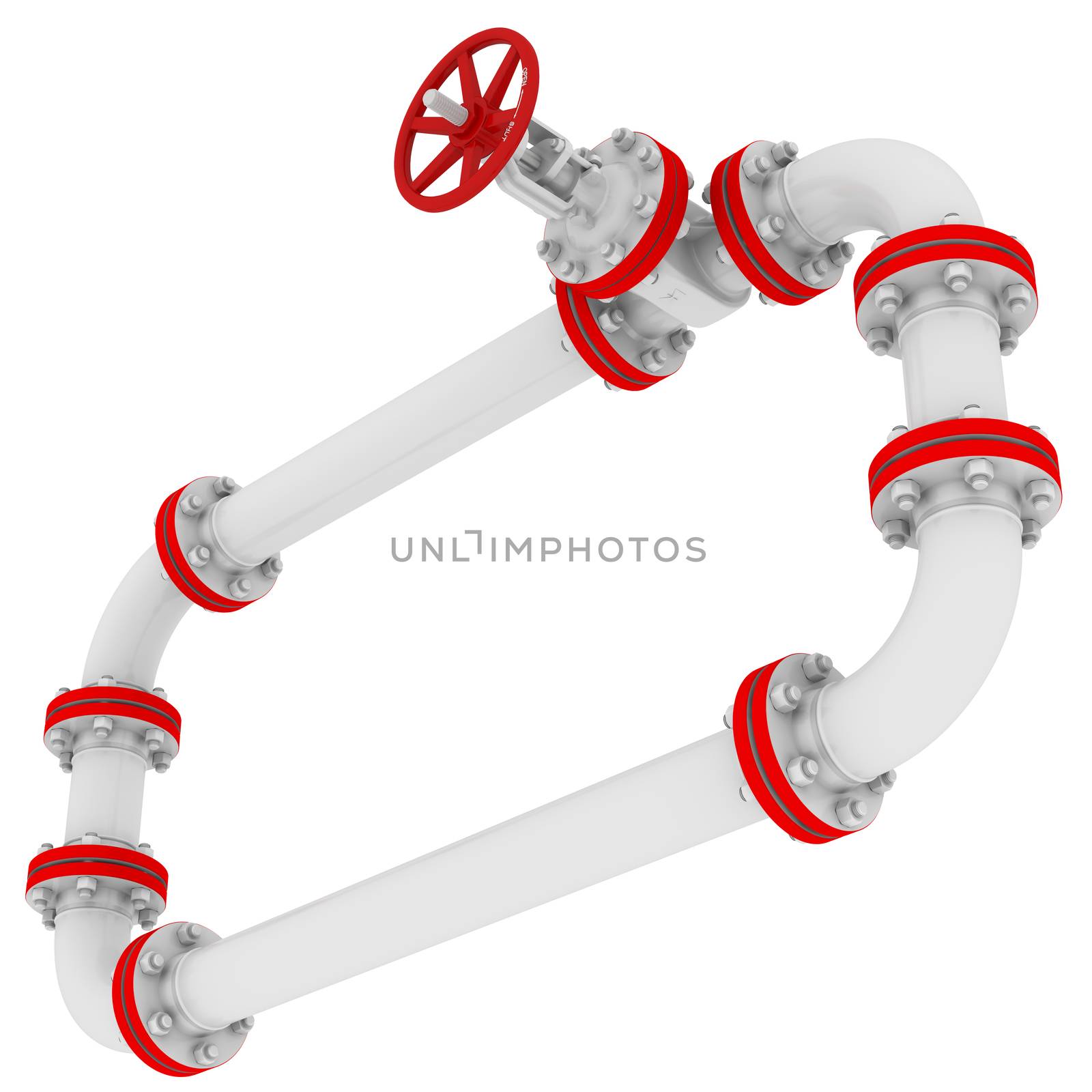 Banner of pipes and valves. Isolated render on a white background