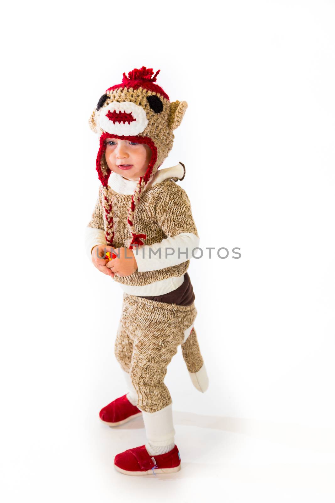 A two year old dressed up in a sock monkey halloween costume and ready to go out and trick-or-treat in the neighborhood for the holiday.