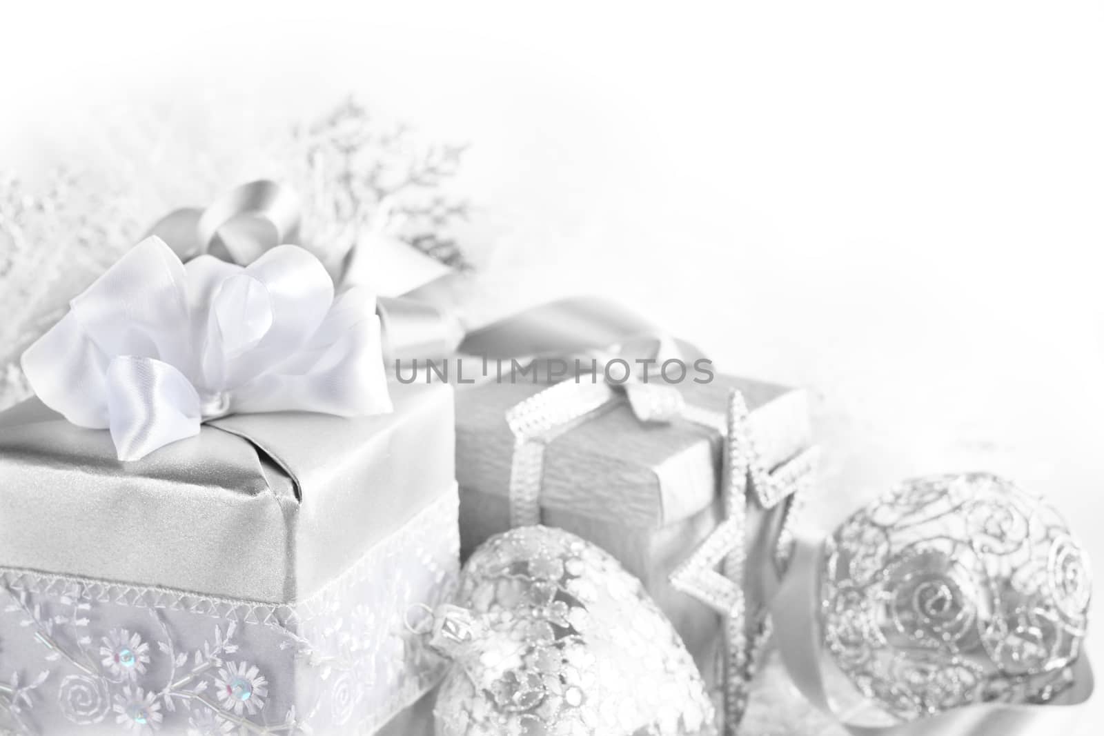 Silver christmas card with gifts and decoration