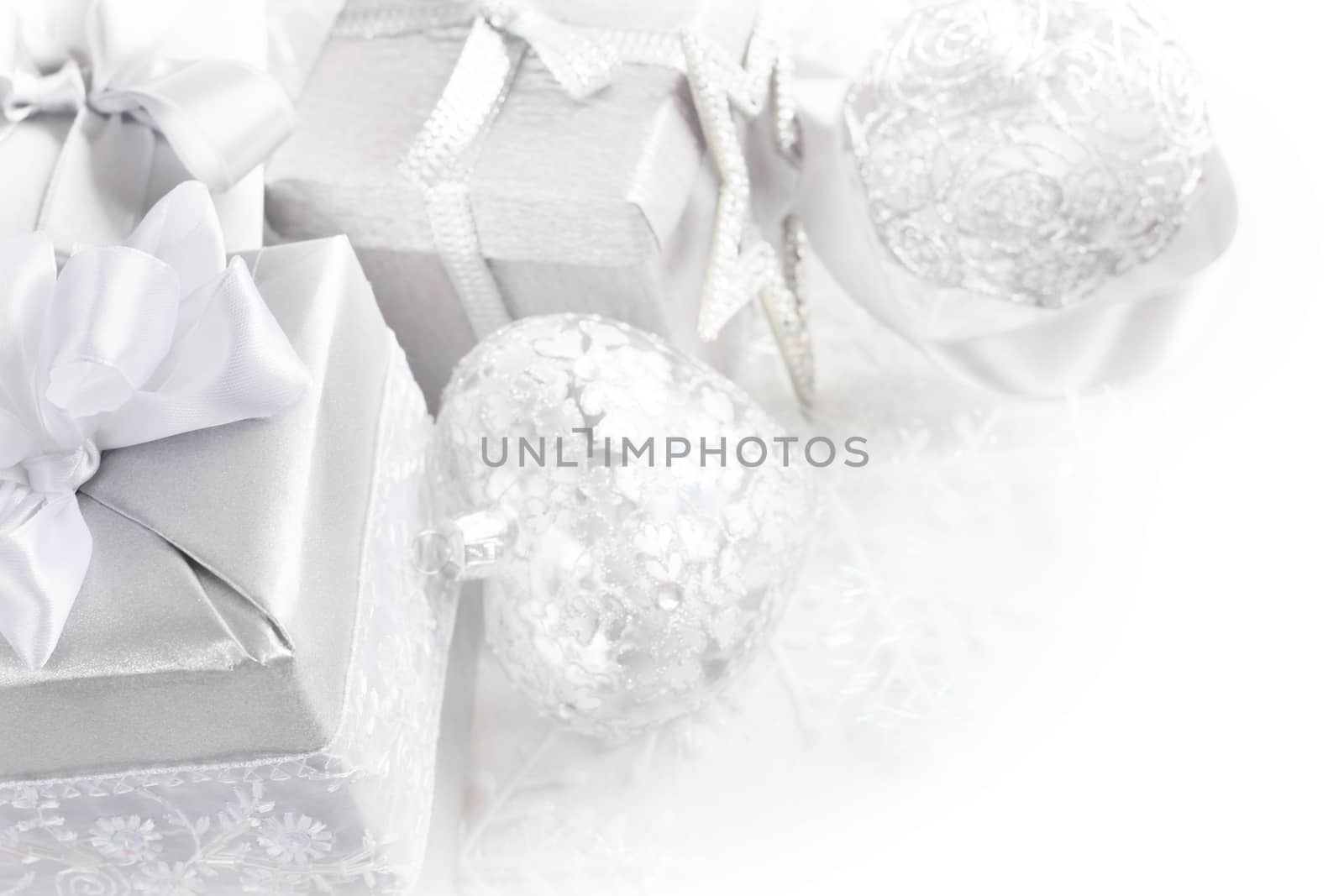 Silver christmas card with gifts and decoration