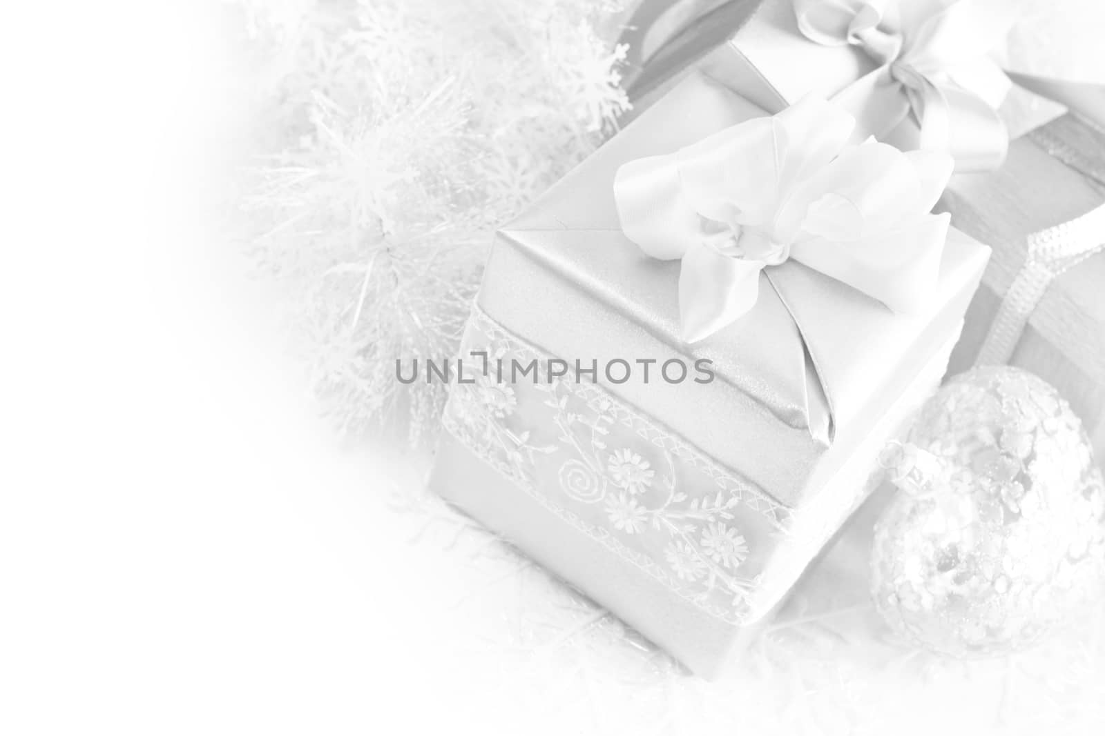 Silver christmas card with gifts and decoration