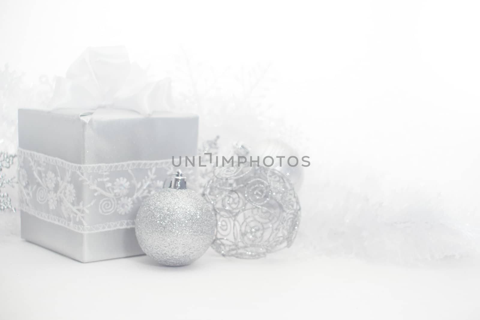 Silver christmas card with gifts and decoration