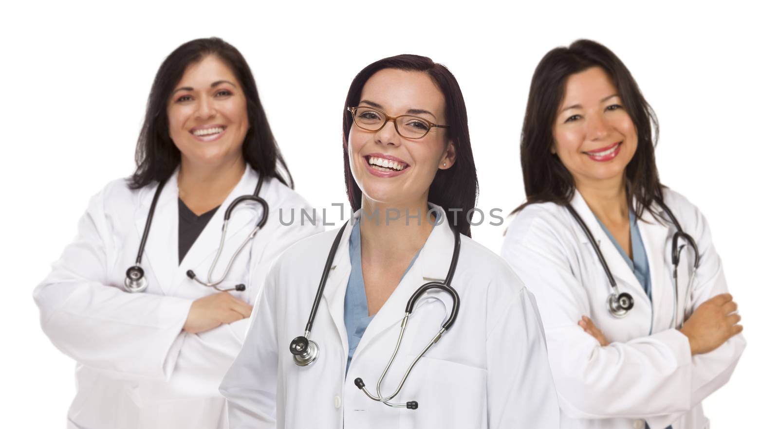 Three Hispanic and Mixed Race Female Doctors or Nurses Isolated on a White Background.