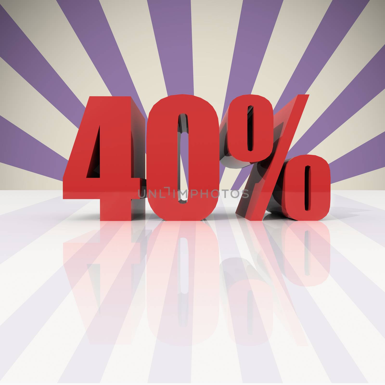 3D rendering of a 40 percent in red letters on a violet background 