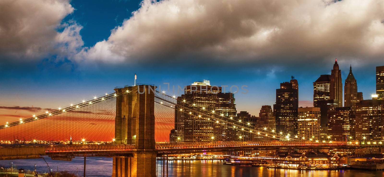 Amazing New York Cityscape - Skyscrapers and Brooklyn Bridge at by jovannig