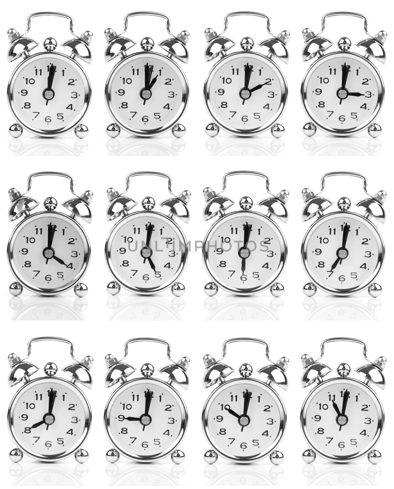 set of old style alarm clock, isolated on white  by motorolka