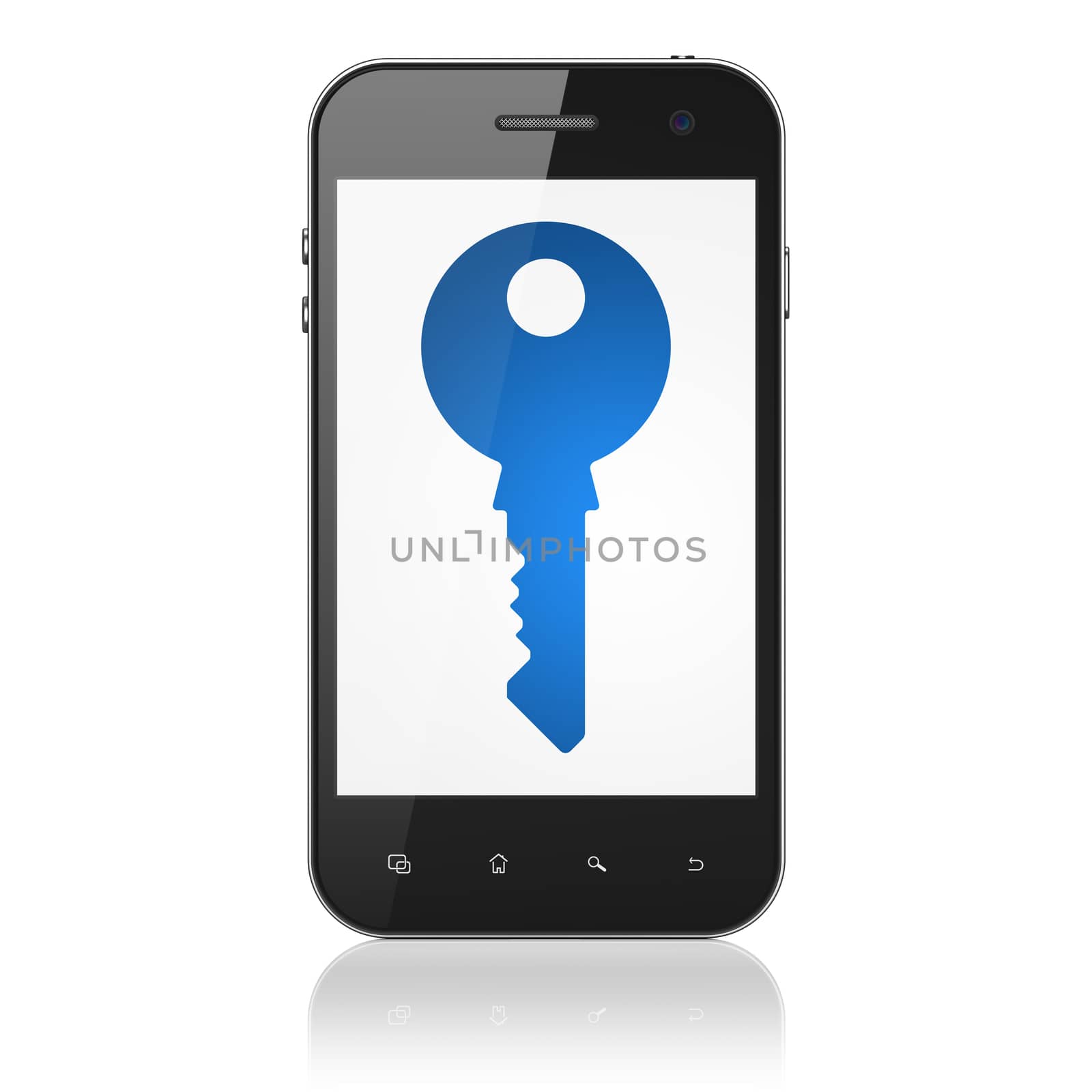 Privacy concept: smartphone with Key icon on display. Mobile smart phone on White background, cell phone 3d render