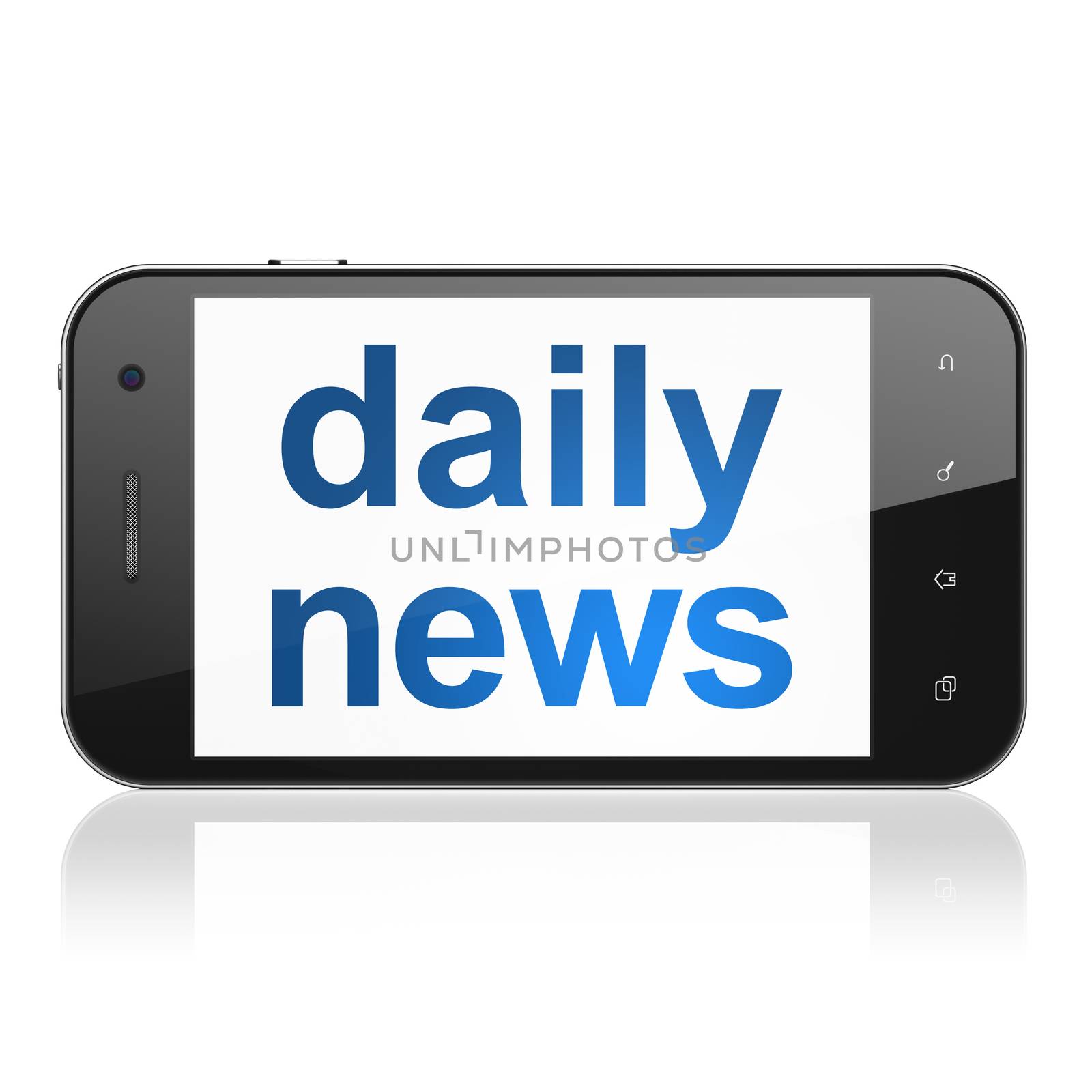 News concept: smartphone with text Daily News on display. Mobile smart phone on White background, cell phone 3d render