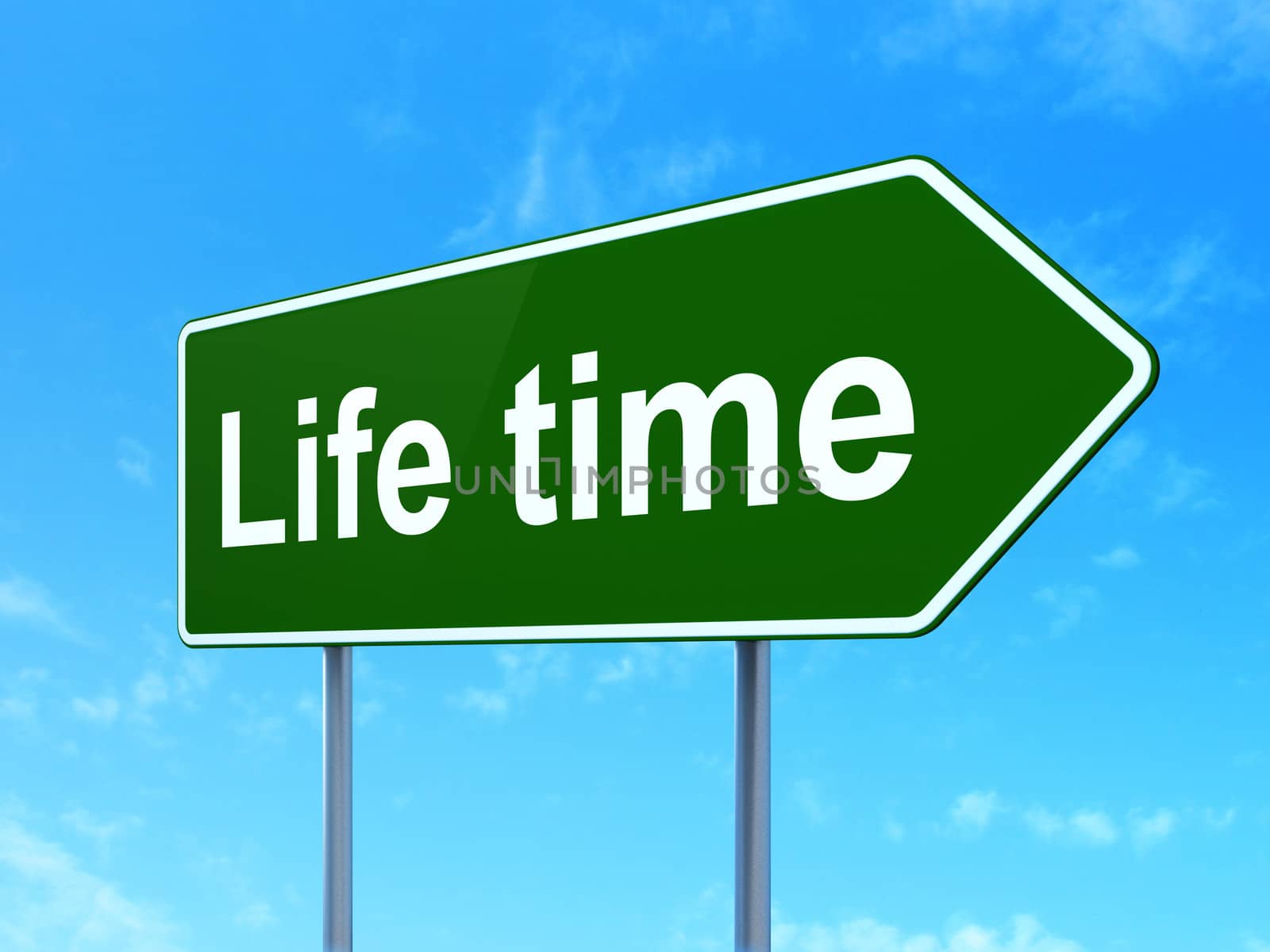 Time concept: Life Time on green road (highway) sign, clear blue sky background, 3d render