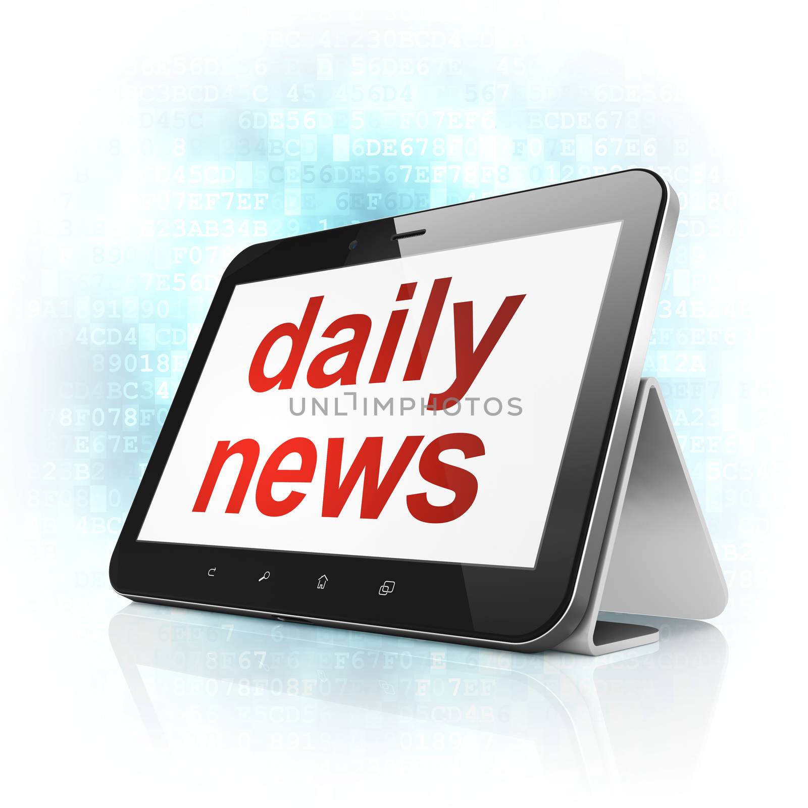 News concept: black tablet pc computer with text Daily News on display. Modern portable touch pad on Blue Digital background, 3d render