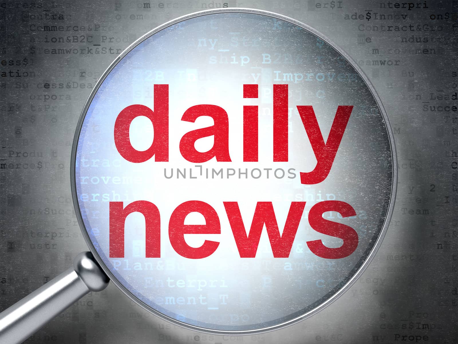 News concept: magnifying optical glass with words Daily News on digital background, 3d render