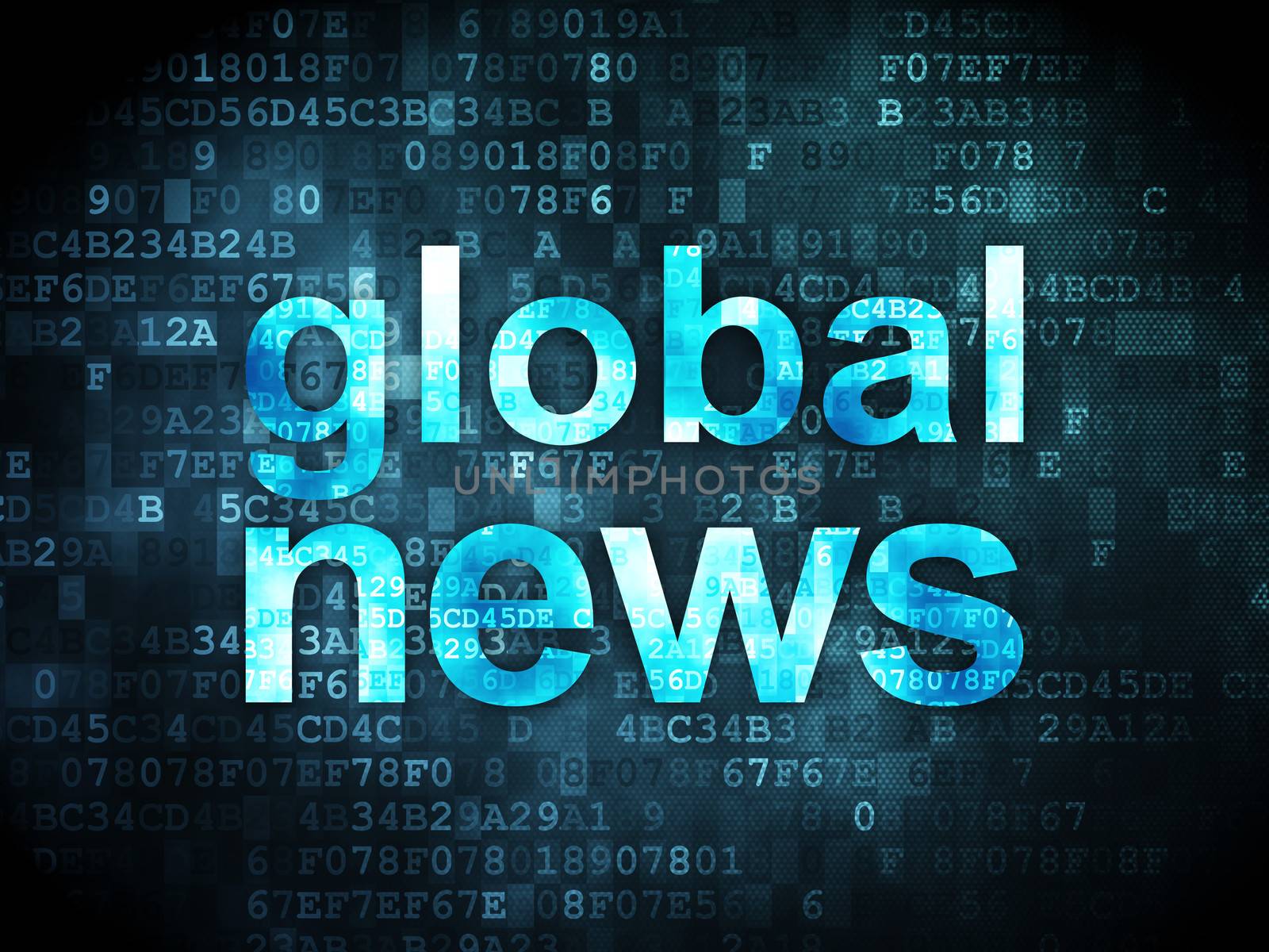 News concept: pixelated words Global News on digital background, 3d render