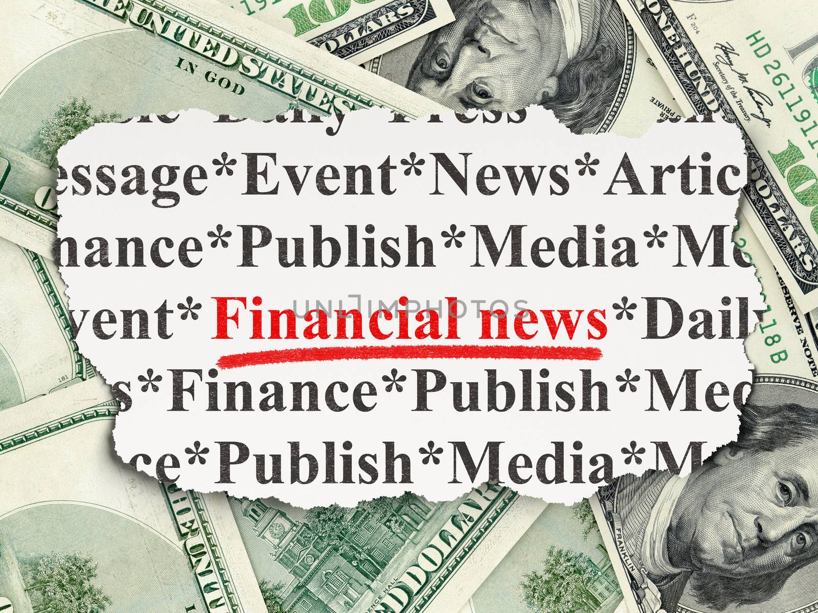 News concept: torn newspaper with words Financial News on Money background, 3d render