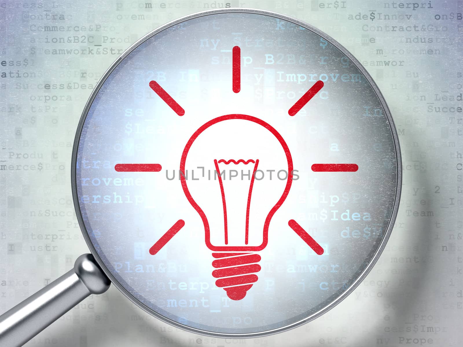 Finance concept: magnifying optical glass with Light Bulb icon on digital background, 3d render