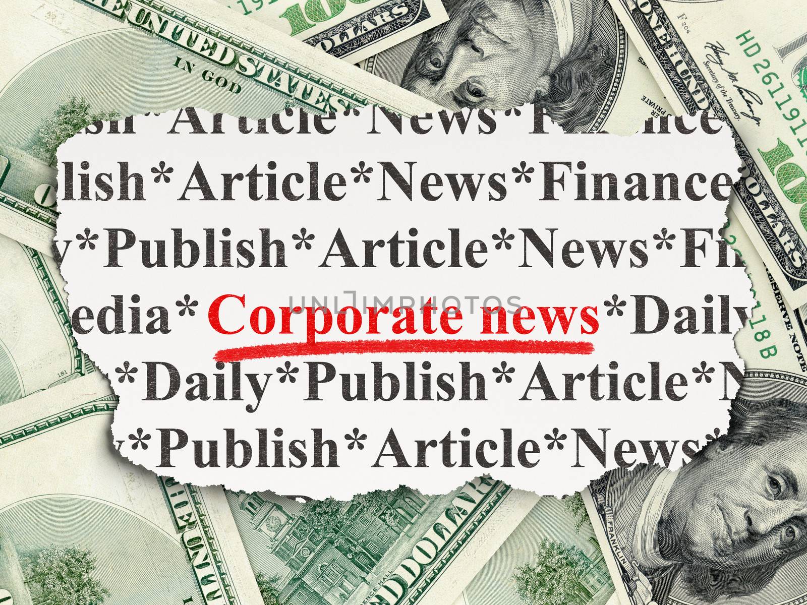 News concept: torn newspaper with words Corporate News on Money background, 3d render