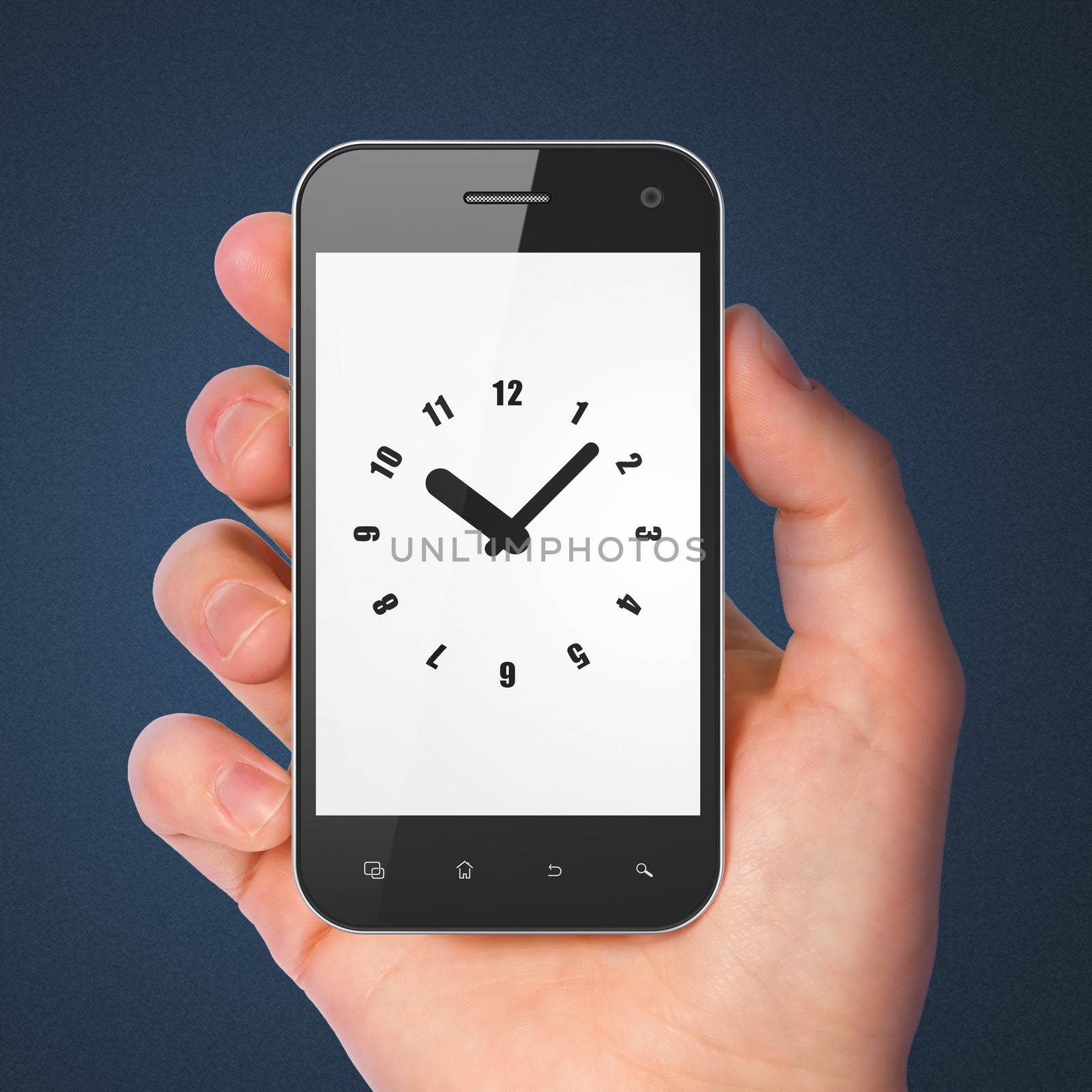 Timeline concept: hand holding smartphone with Clock on display. Mobile smart phone on Blue background, 3d render