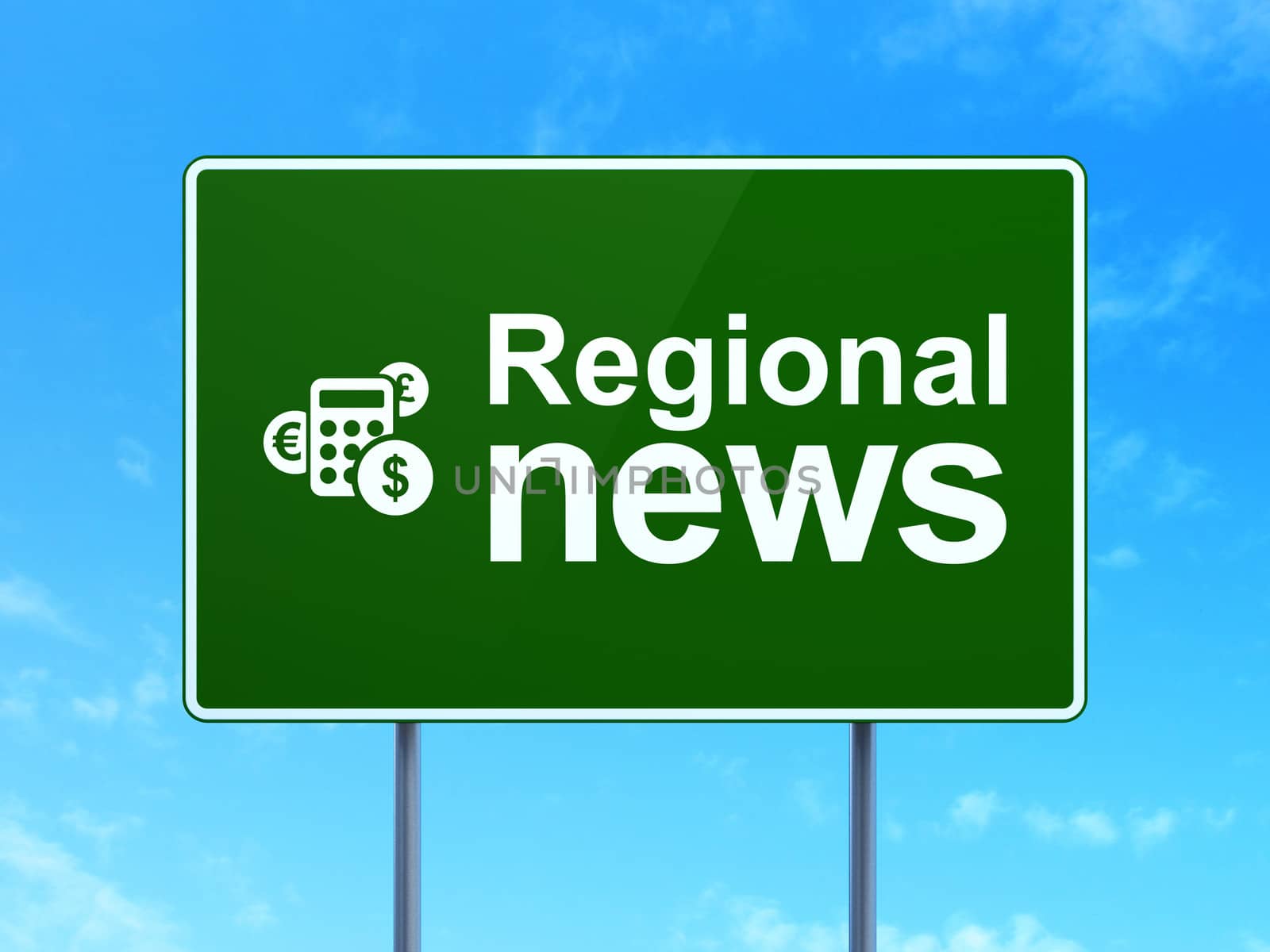 News concept: Regional News and Calculator icon on green road (highway) sign, clear blue sky background, 3d render