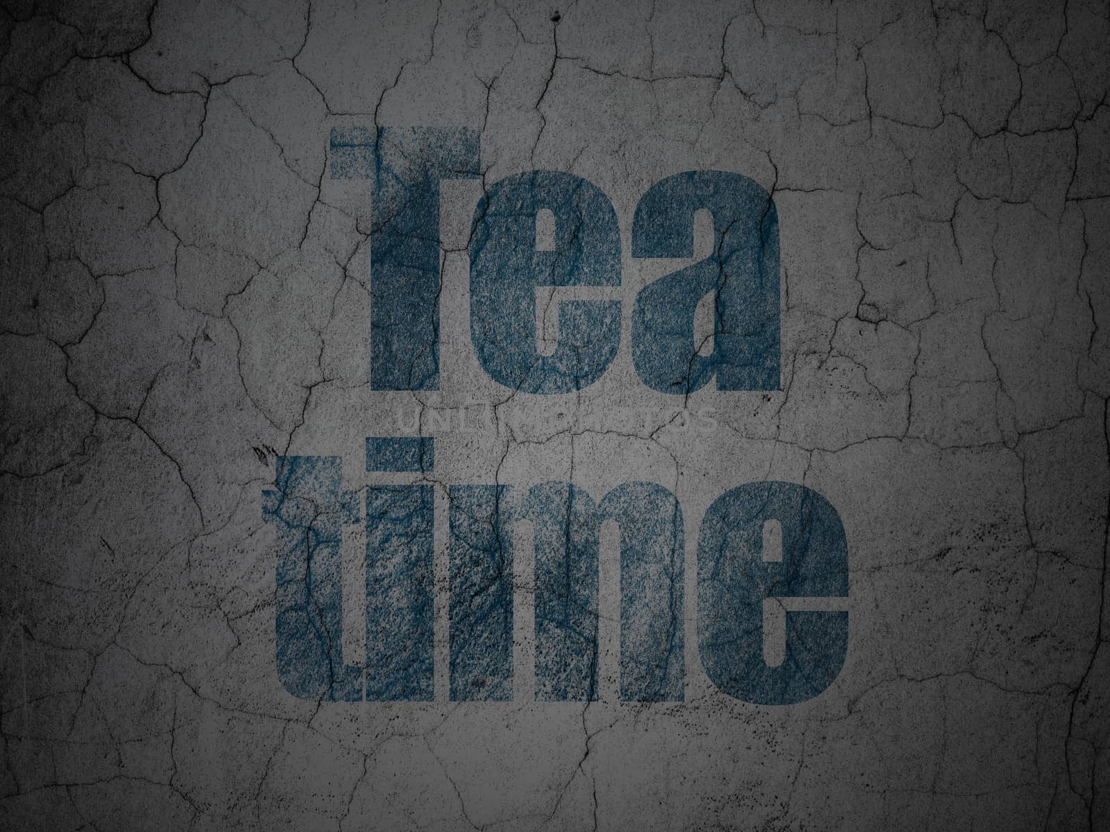 Timeline concept: Blue Tea Time on grunge textured concrete wall background, 3d render