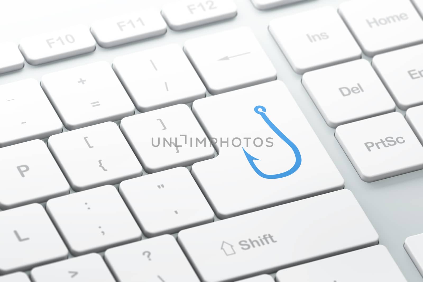 Security concept: enter button with Fishing Hook on computer keyboard background, 3d render, selected focus