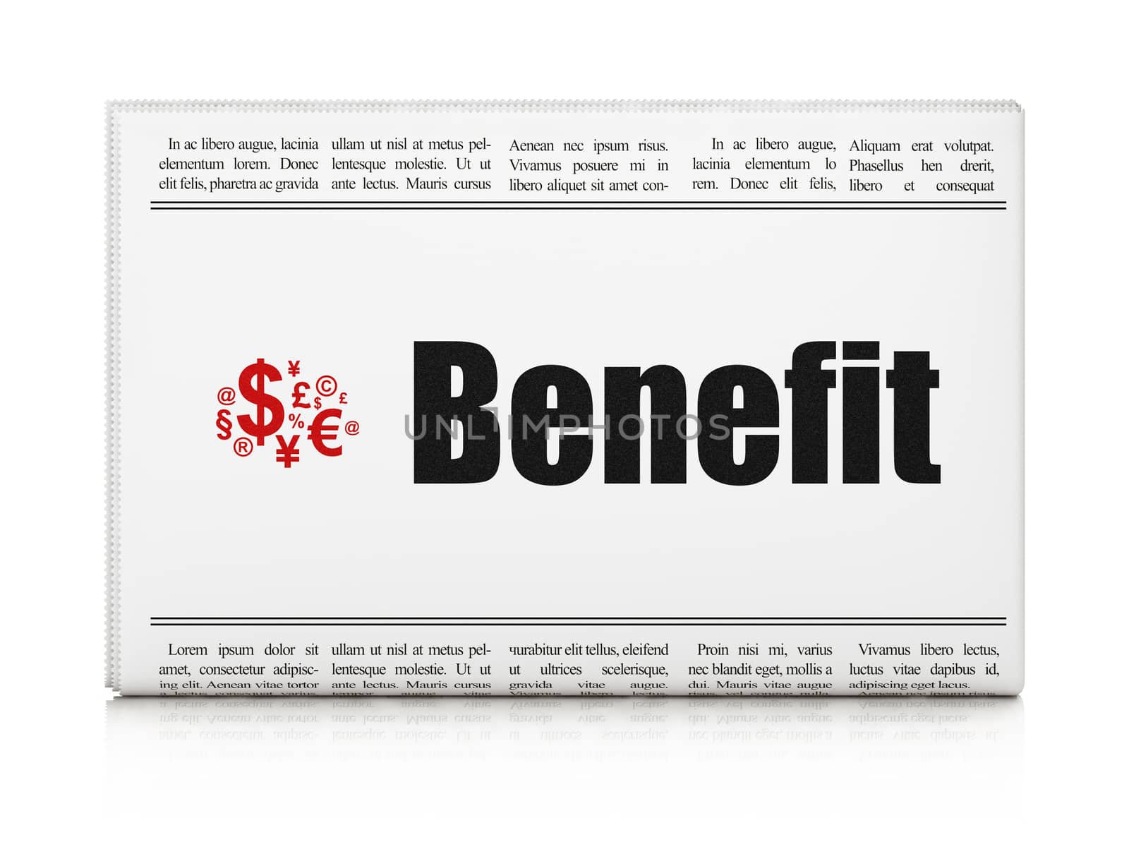 Finance news concept: newspaper headline Benefit and Finance Symbol icon on White background, 3d render