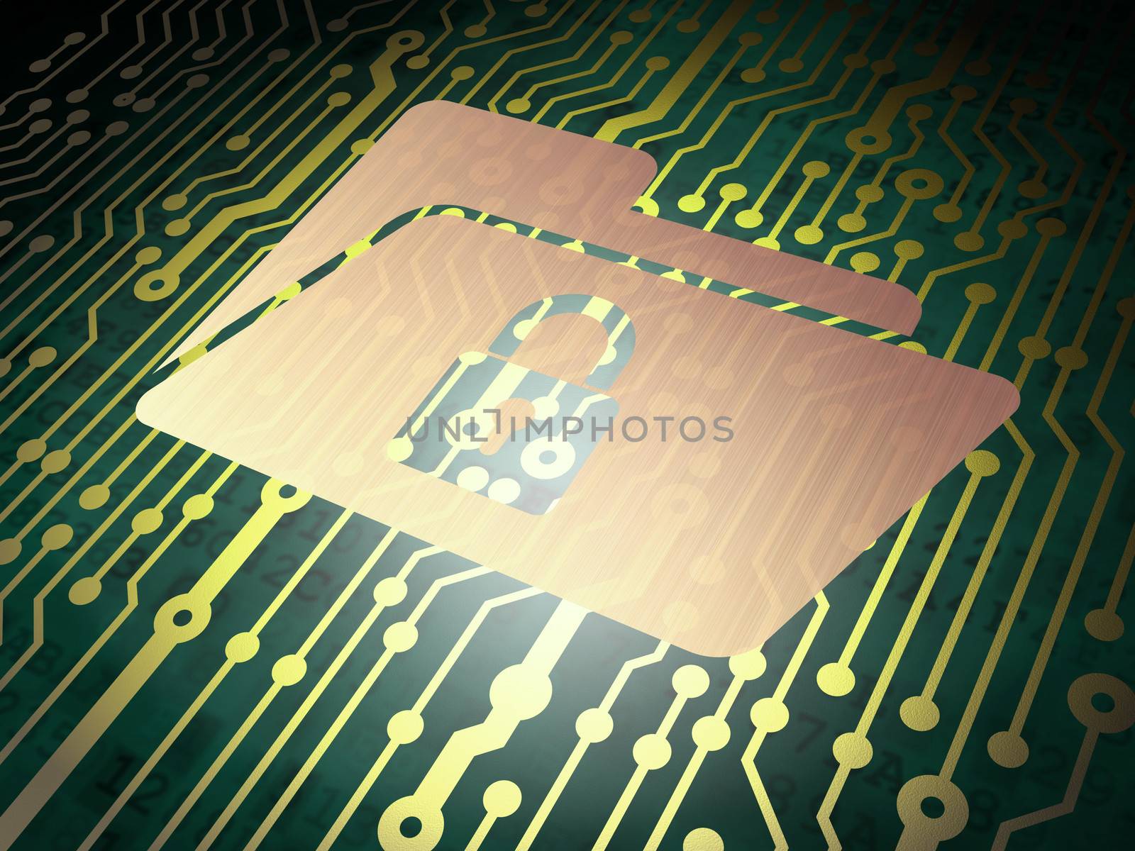 Finance concept: circuit board with Metal Folder With Lock icon, 3d render