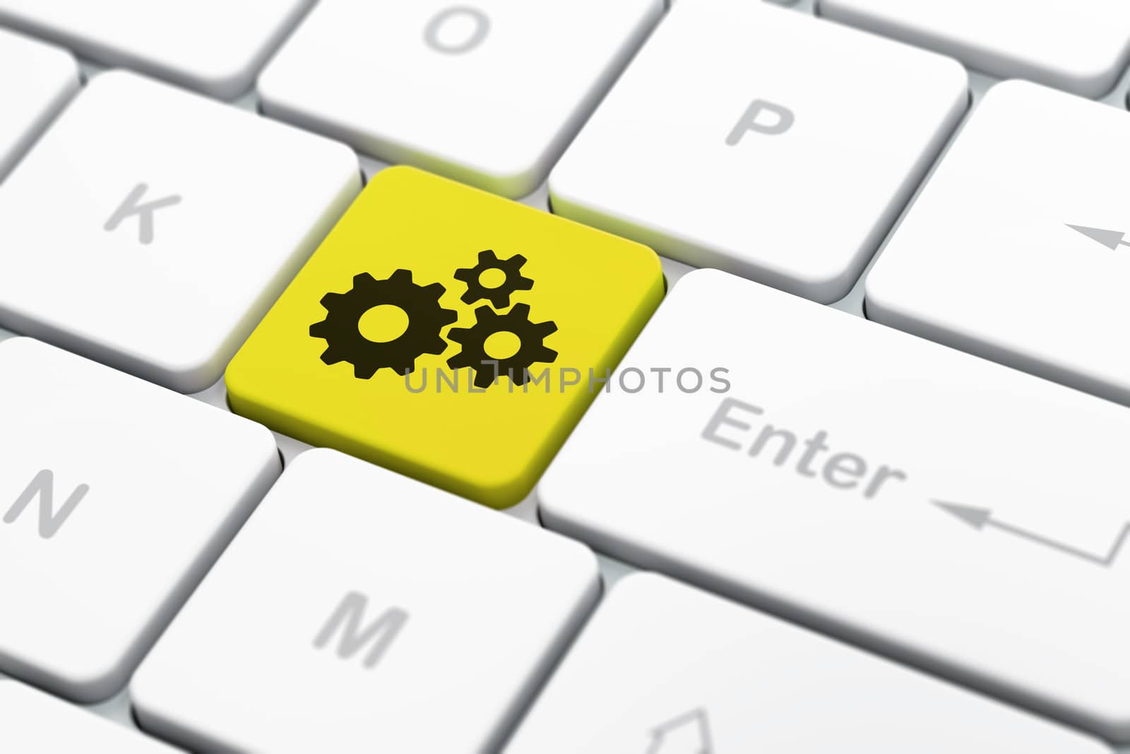 Data concept: computer keyboard with Gears icon on enter button background, selected focus, 3d render