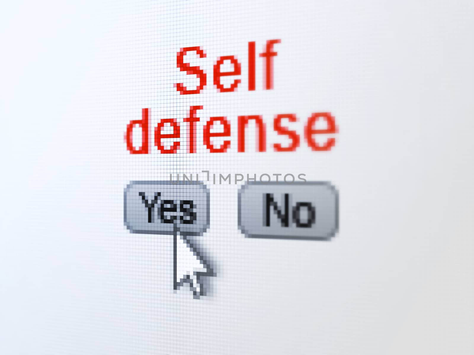 Safety concept: buttons yes and no with pixelated word Self Defense and Arrow cursor on digital computer screen, selected focus 3d render