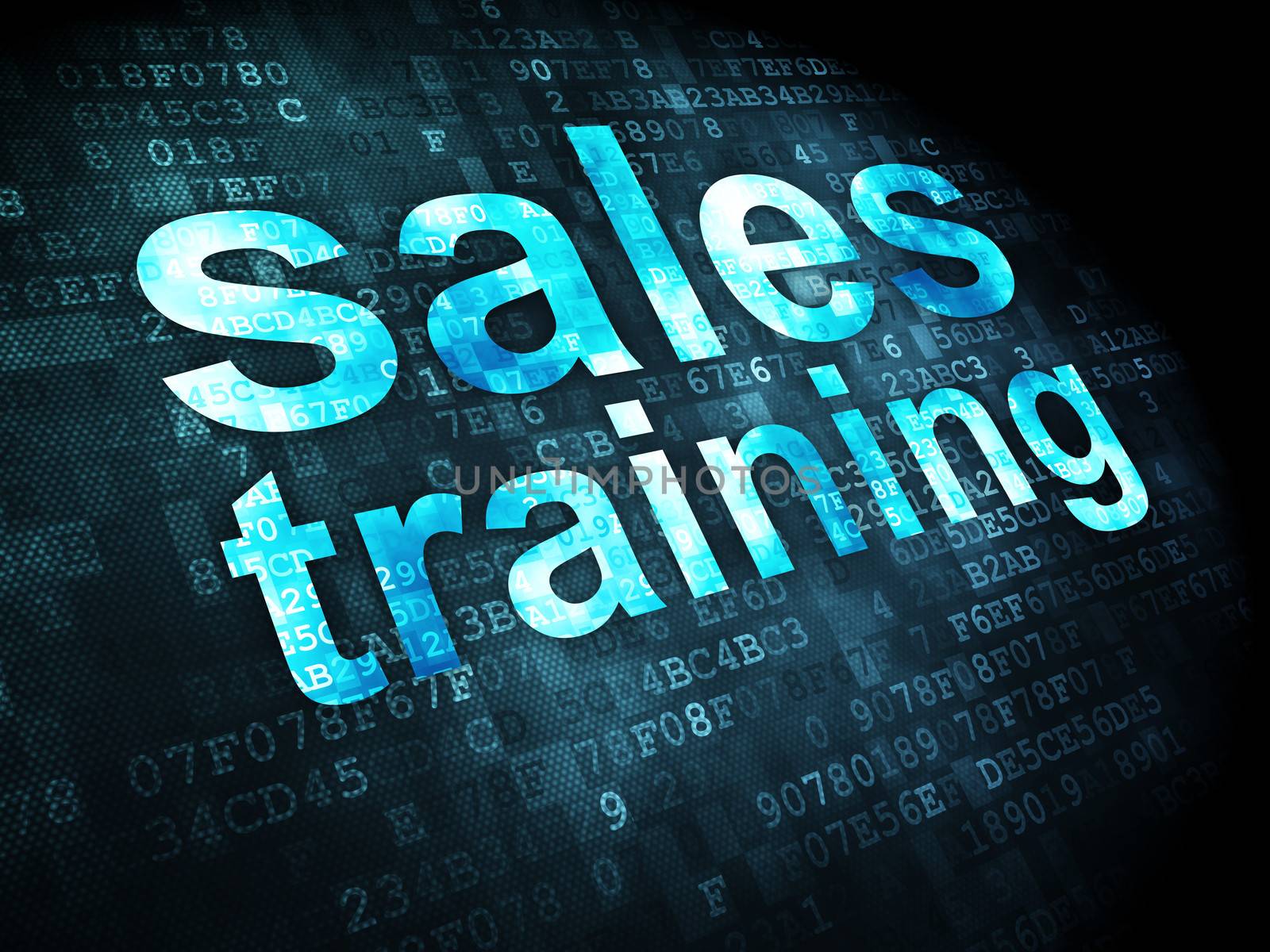 Marketing concept: pixelated words Sales Training on digital background, 3d render