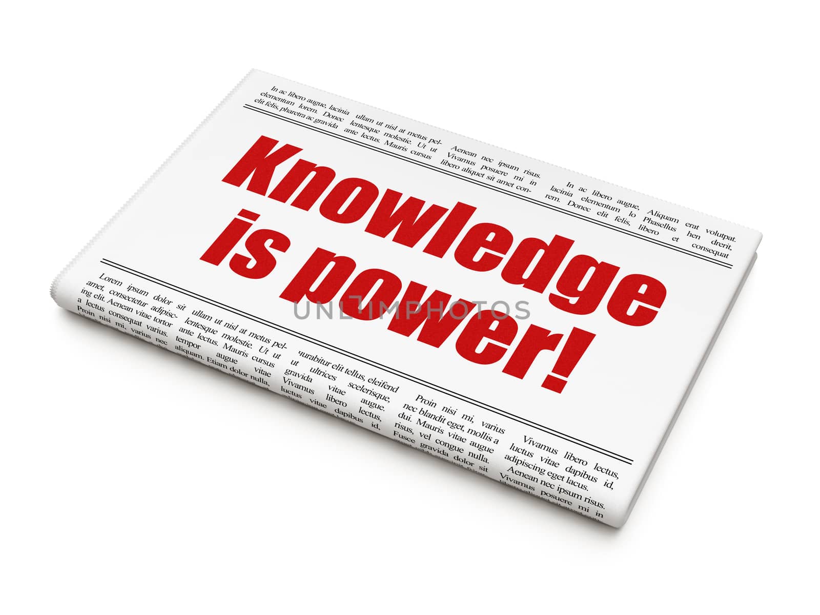 Education news concept: newspaper headline Knowledge Is power! on White background, 3d render