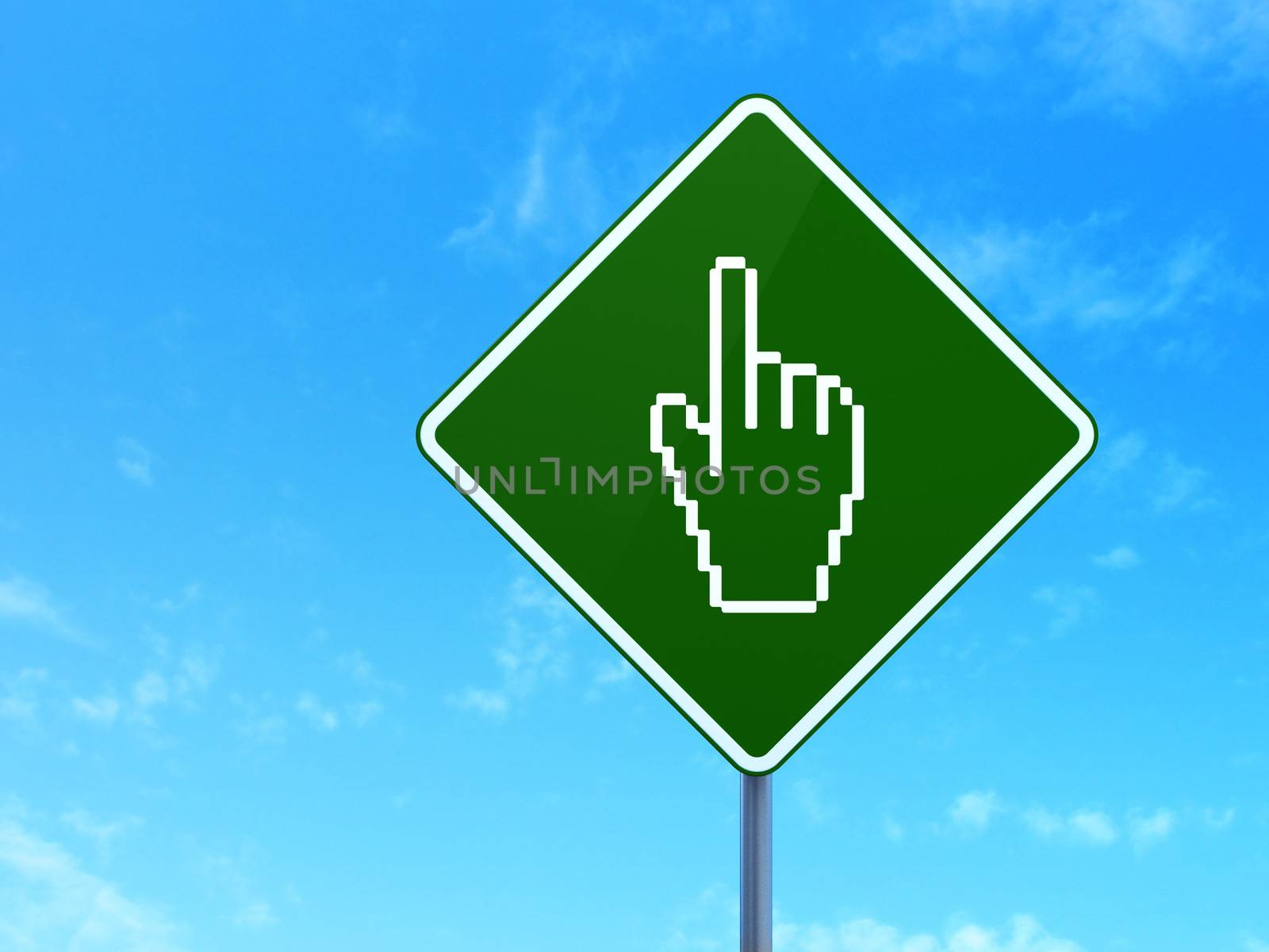 Web development concept: Mouse Cursor on green road (highway) sign, clear blue sky background, 3d render
