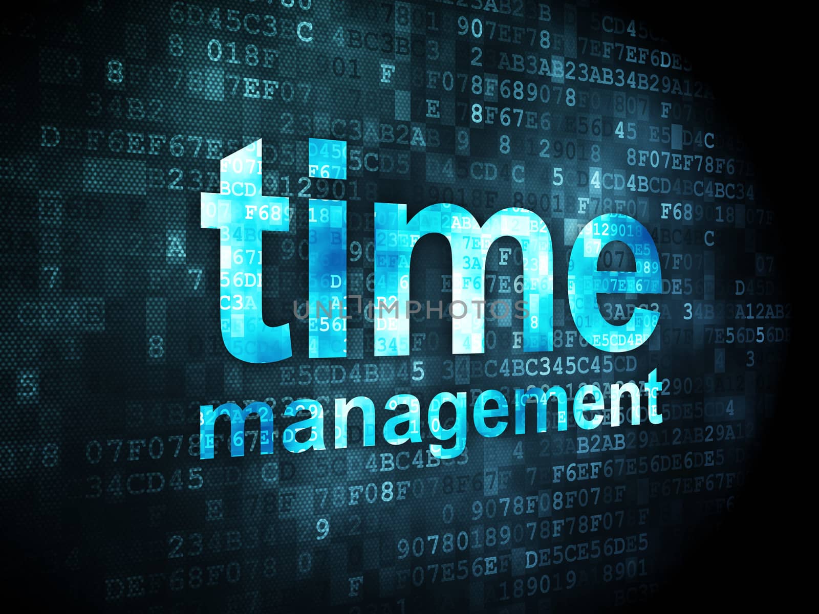 Timeline concept: pixelated words Time Management on digital background, 3d render
