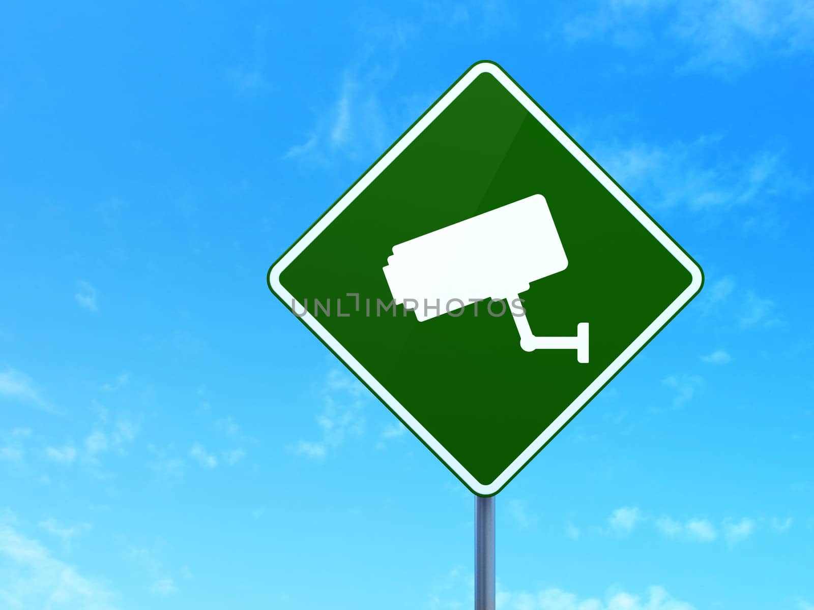 Privacy concept: Cctv Camera on green road (highway) sign, clear blue sky background, 3d render