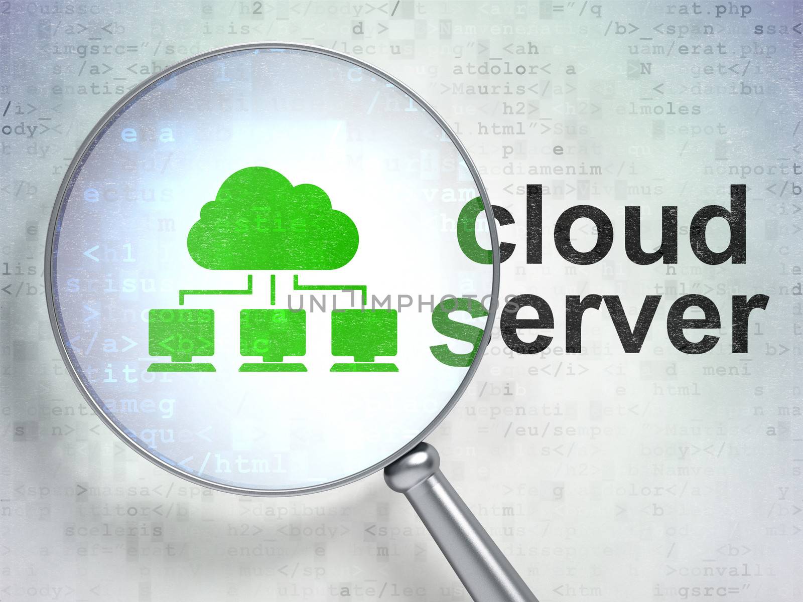 Cloud networking concept: magnifying optical glass with Cloud Network icon and Cloud Server word on digital background, 3d render