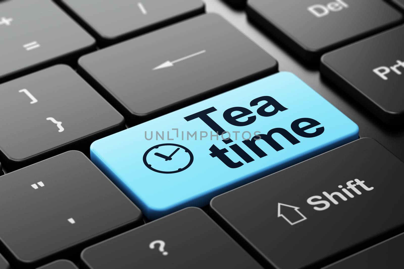Timeline concept: Clock and Tea Time on computer keyboard background by maxkabakov