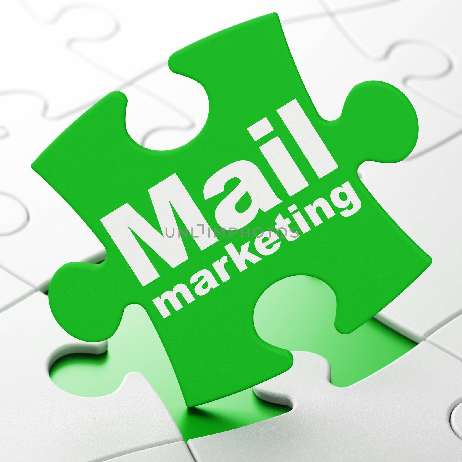 Advertising concept: Mail Marketing on Green puzzle pieces background, 3d render