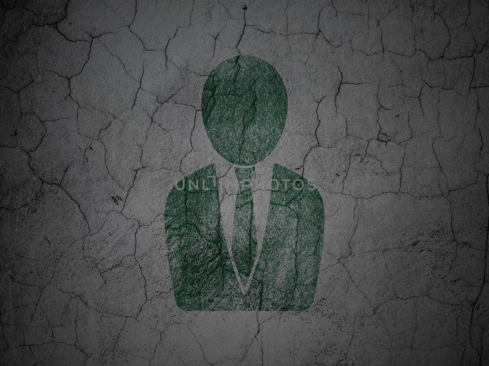 Law concept: Green Business Man on grunge textured concrete wall background, 3d render