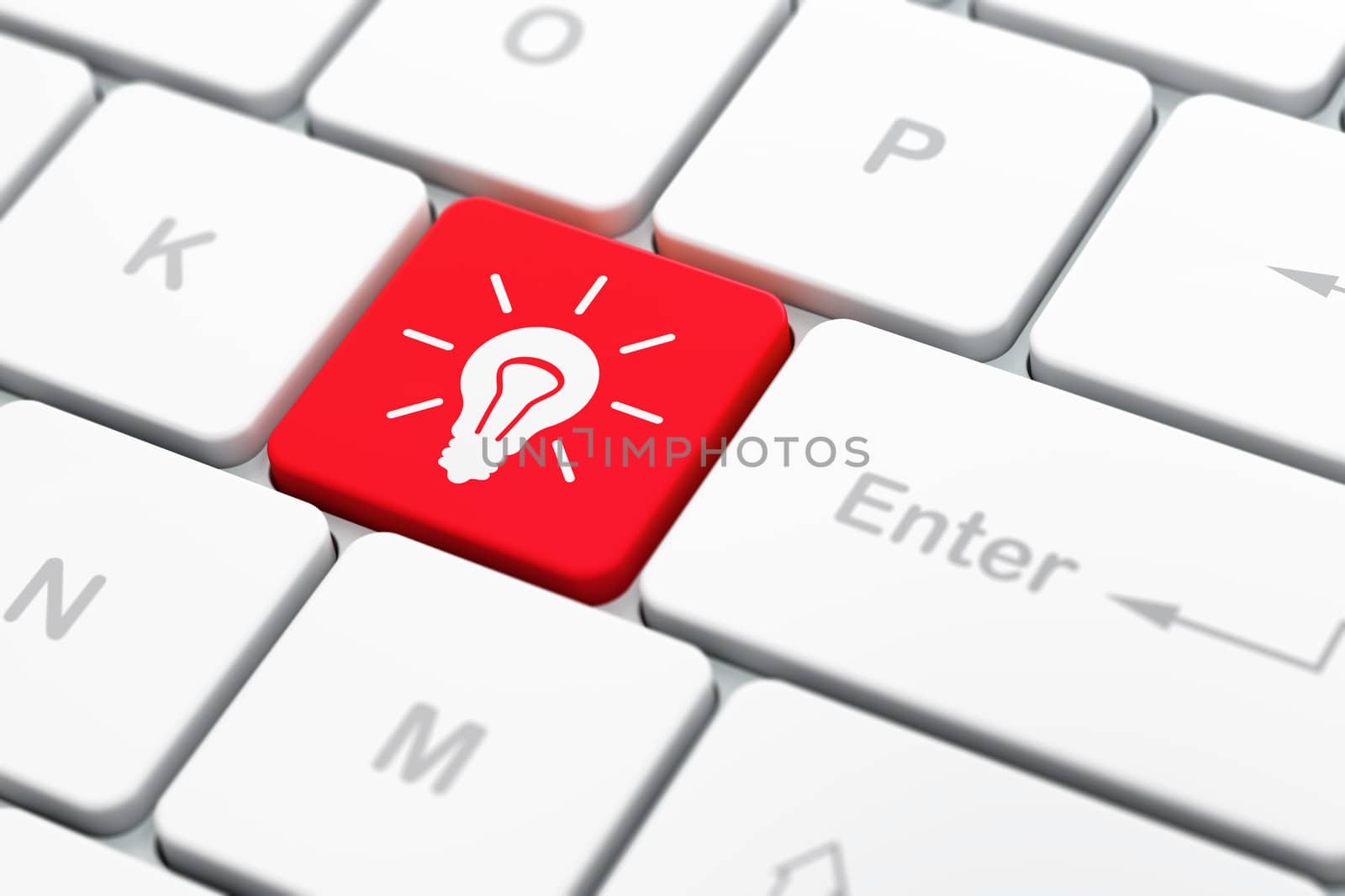 Business concept: computer keyboard with Light Bulb icon on enter button background, selected focus, 3d render