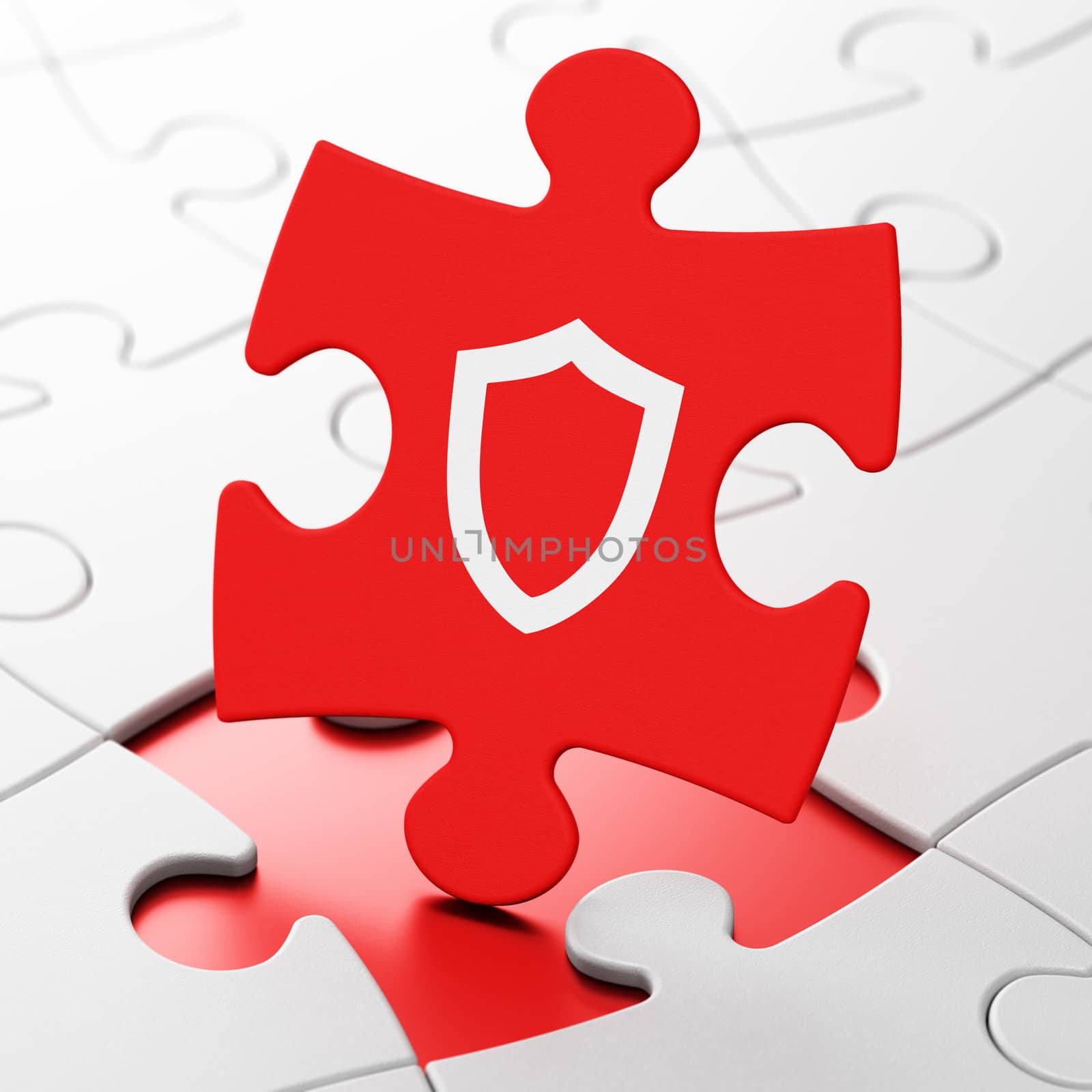Security concept: Contoured Shield on Red puzzle pieces background, 3d render