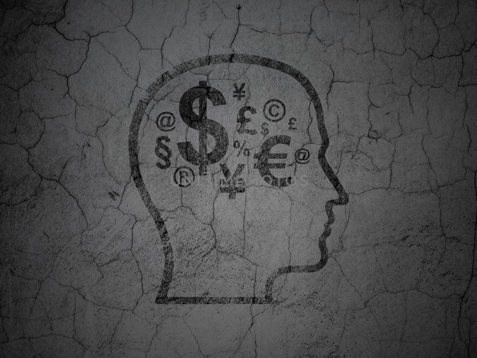 Finance concept: Black Head With Finance Symbol on grunge textured concrete wall background, 3d render